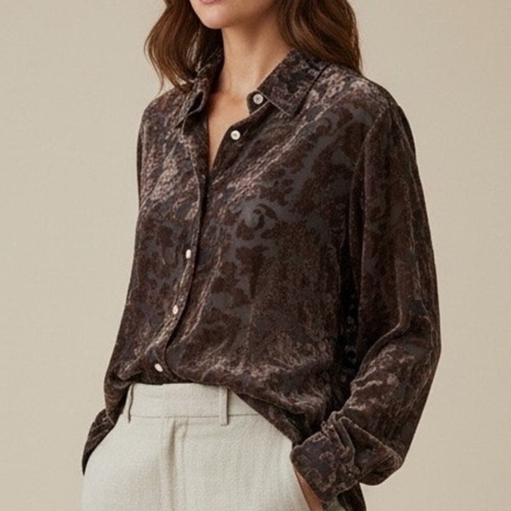 Merona Silk Velvet Burn-out Button Up Top size Medium Gray Mauve Floral Y2K VTG